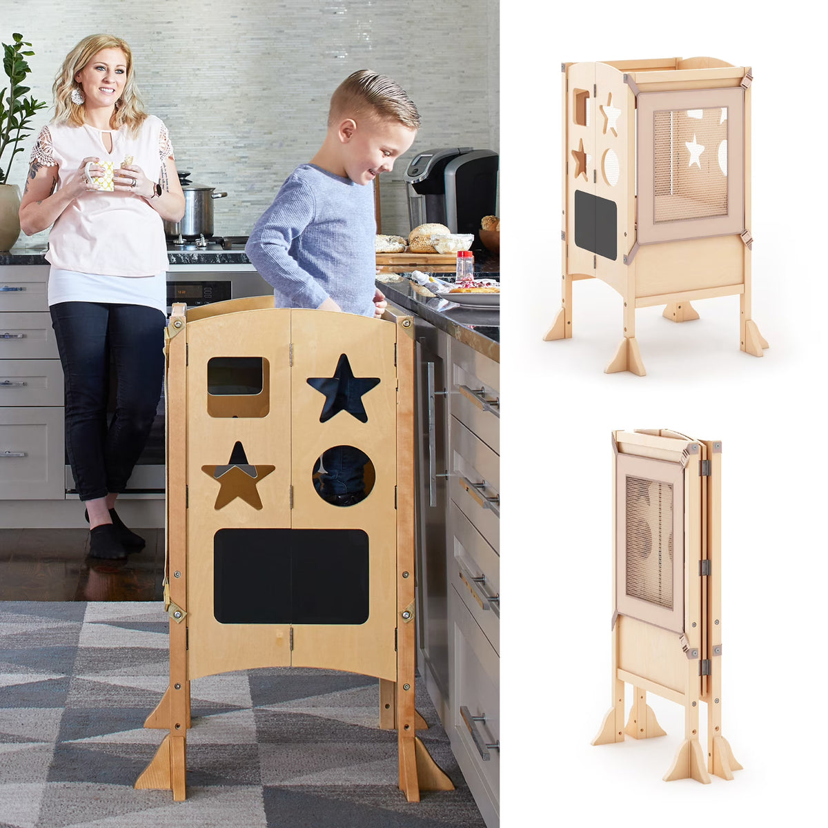 Guidecraft Classic Kitchen Helper Kids' Step Stool - Natural: Foldable and Adjustable Wooden Toddler Tower for Learning with Keeper