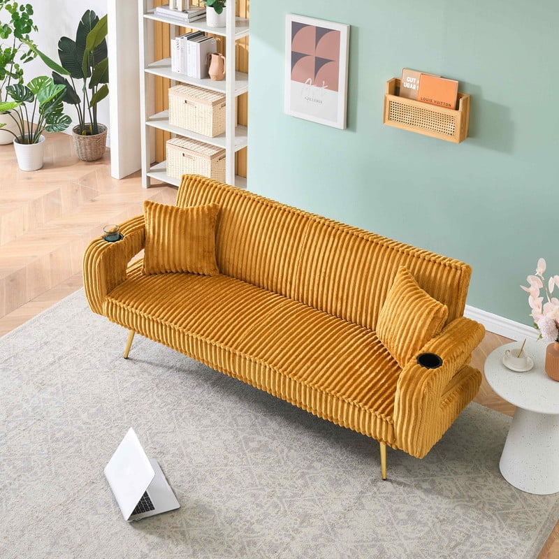 FFH Modern Corduroy Futon Sofa Bed with Adjustable Backrest,Convertible Loveseat Sleeper,Soft Couch with Drop-Down Table and Cup Holder for Living room,Pink