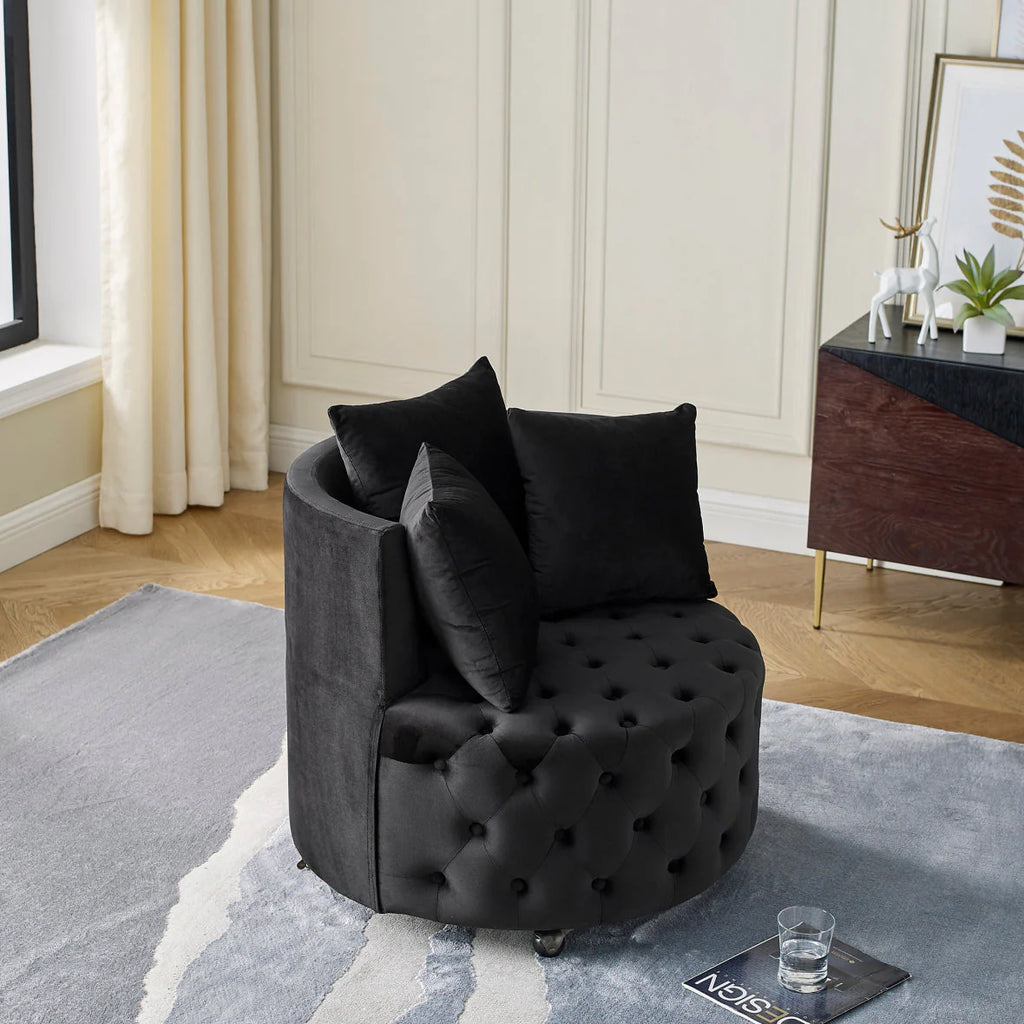 Swivel Barrel Chair, Modern Velvet Upholstered Lounge Chair with Button Tufted Design and Movable Wheels, Round Club Chair with 3 Pillows for Bedroom, Living Room, Lounge, Hotel. Black.