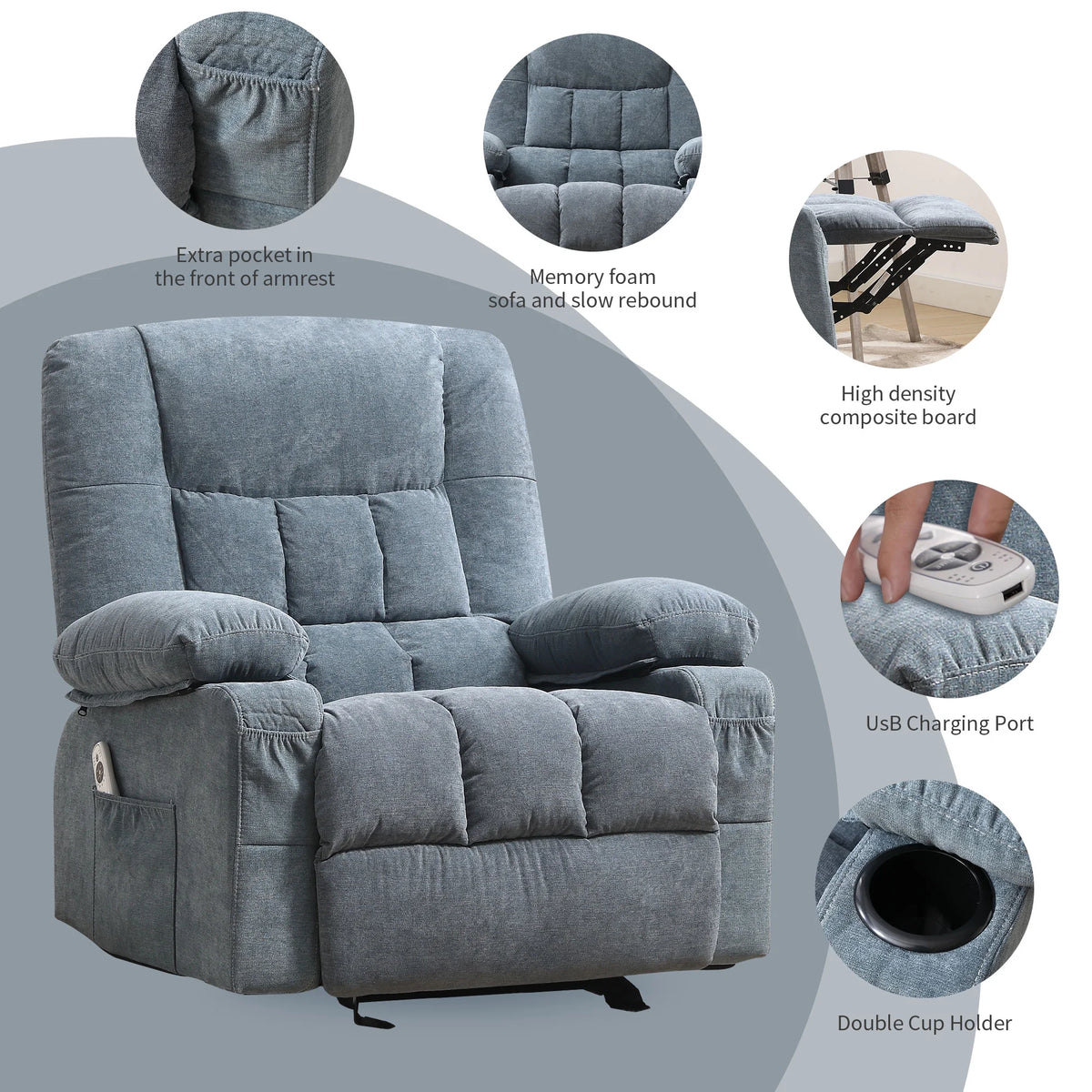 JONPONY Massage Swivel Rocker Recliner Chair with Vibration Massage and Heat Ergonomic Lounge Chair for Living Room with Rocking Function and Side Pocket, 2 Cup Holders, USB Charge Port,Grey