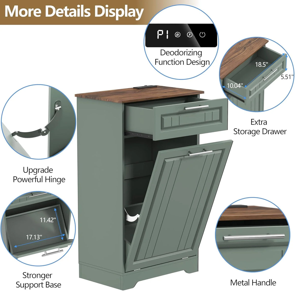 Single 10 Gallon Tilt Out Trash Can Cabinet with Deodorizing Function, Wooden Hidden Garbage Can Holder with Storage Drawers for Kitchen and Dining Room, Laundry Hamper Cabinet for Bathroom, Blue