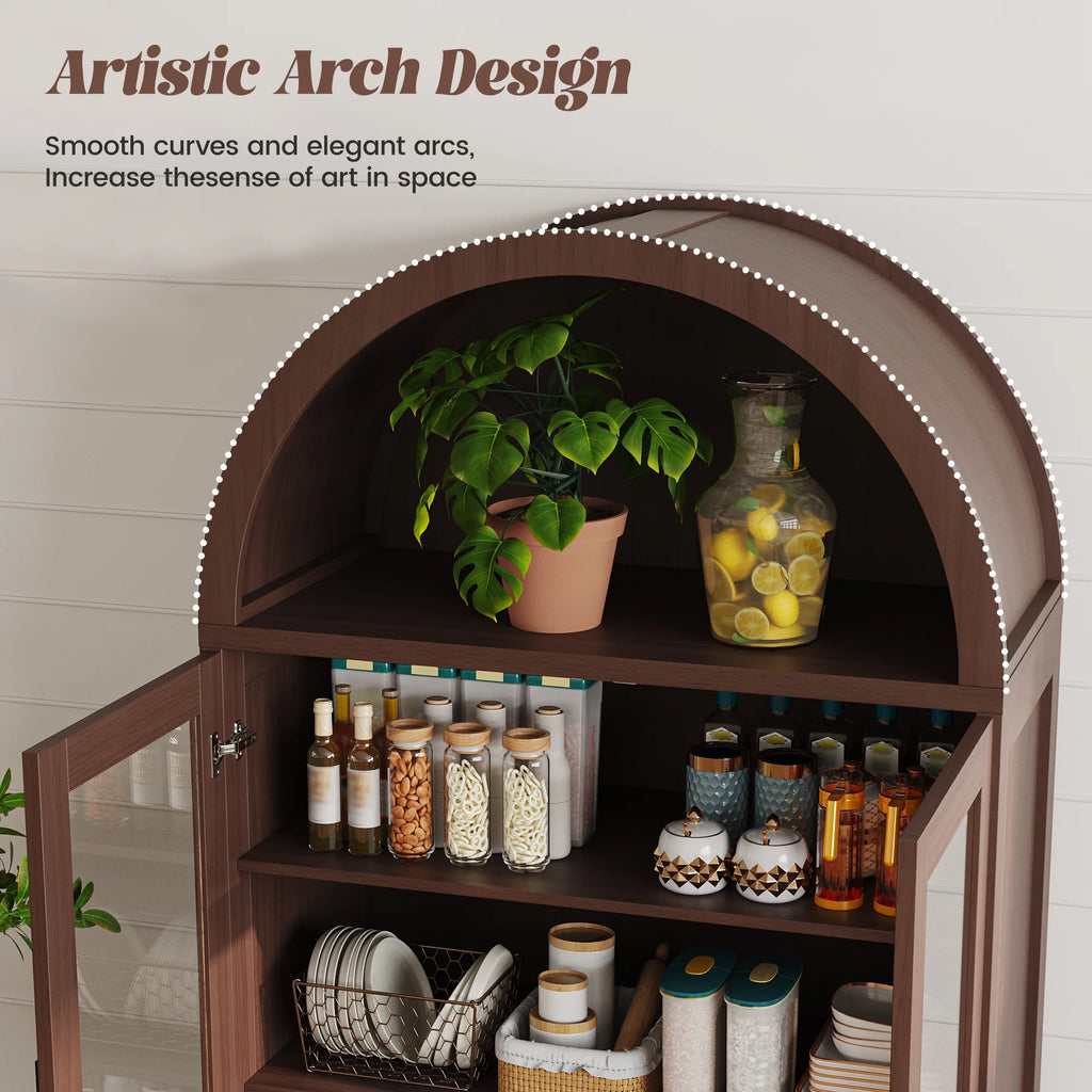 VEANERWOOD 71" Tall Arch Cabinet, Wood Fluted Kitchen Kitchen Storage Cabinet with 4 Doors and 6 Shelves for Dining Room Living Room