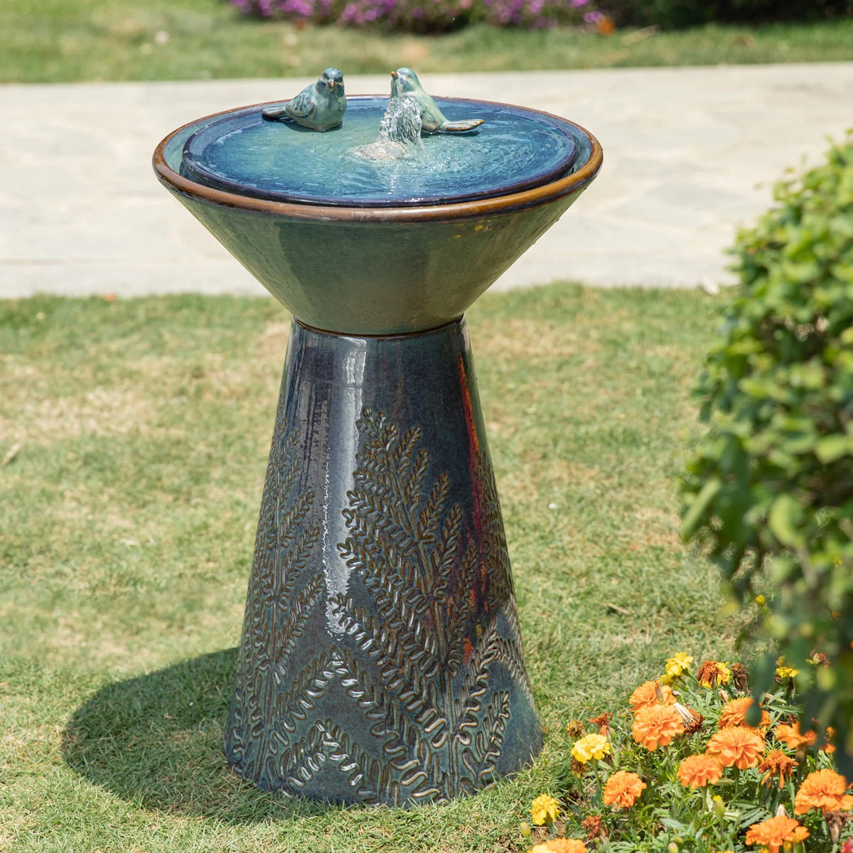 Glitzhome 27.5" Fountain with Pump and LED Light Embossed Pedestal Ceramic Bird Bath, Turquoise