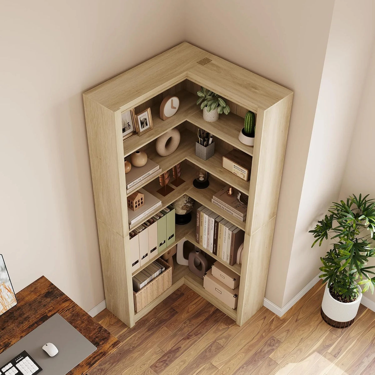 Studyset Corner Bookshelf Farmhouse Corner Bookcase 71.8'' Tall Bookcase, L-Shaped Large Display Shelf 5 Tier L-Shaped Bookshelf Large Shelf w/Anti-Tipping Kit, Bookcases with Storage Heavy Duty