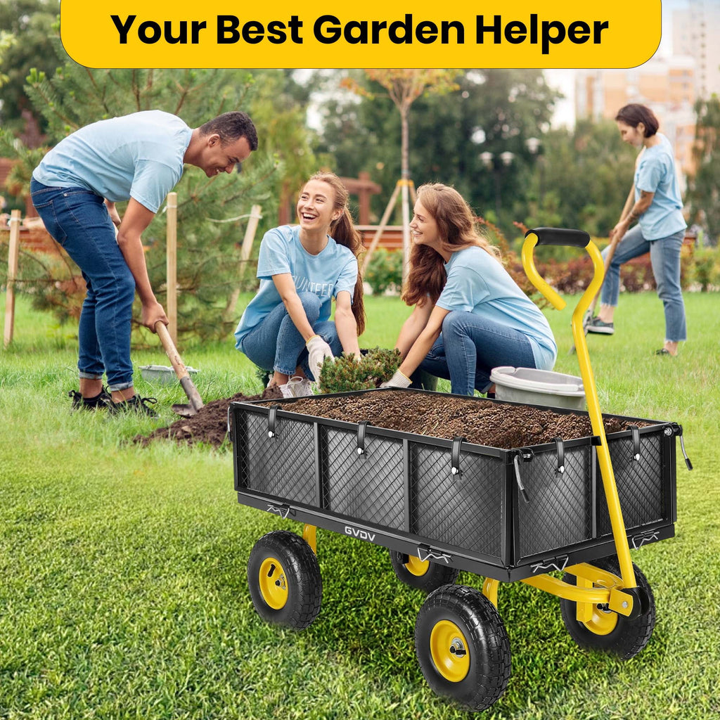 GVDV Heavy Duty Steel Garden Cart with Liner, 660lbs Capacity, 3 Cu ft, 10" All-Terrain Wheels, Black/Yellow Durable Utility Cart for Yard Work, Hauling, and Outdoor Use