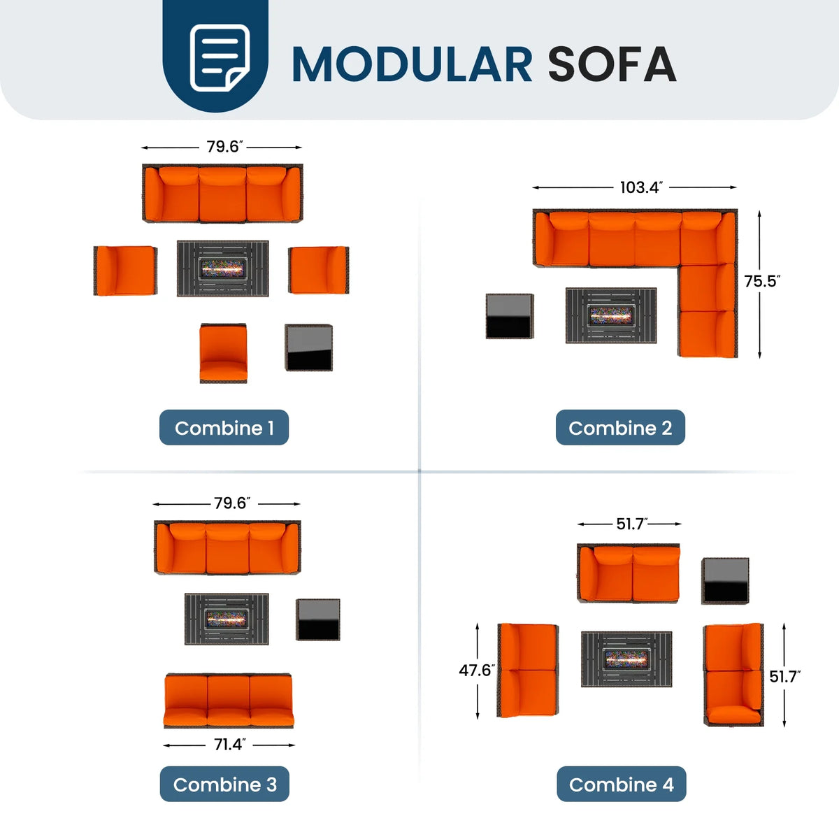 MRUAKA 8 Pieces Patio Furniture Set with Fire Pit Table, Outdoor Furniture Sectional Rattan Sofa with Slanted Back, Patio Couch with Glass Coffee Table for Backyard Garden (Dark Grey)