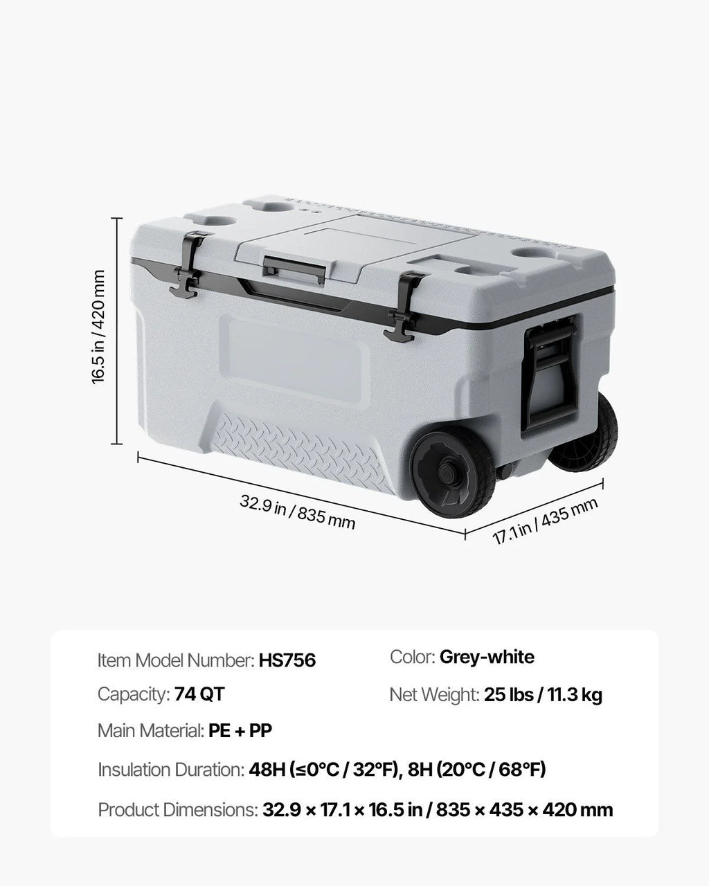 Portable Wheel Cooler 74 quarts, 120 tank capacity, insulated rolling cooler with cup holder for outdoor, camping, beach and picnic use