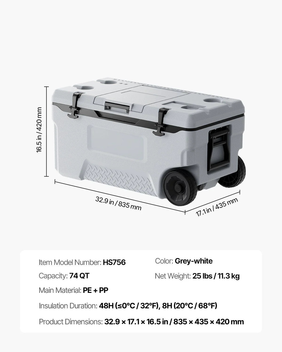 Portable Wheel Cooler 74 quarts, 120 tank capacity, insulated rolling cooler with cup holder for outdoor, camping, beach and picnic use