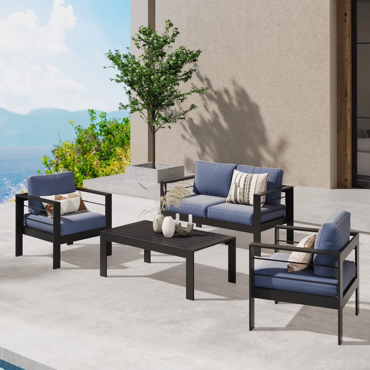 CozyHom 5 Pcs Outdoor Patio Aluminum Furniture Sofa Sets, Outside Patio Conversation Couch Sets With Table&Cushions for Garden Porch, Gray