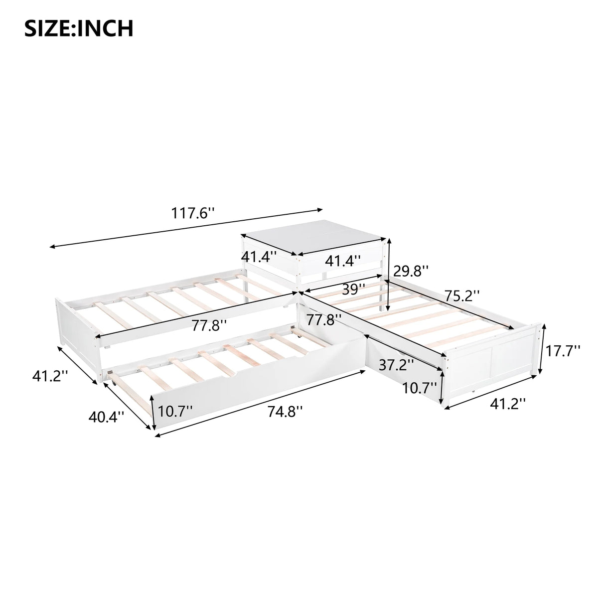 Euroco Wood Twin Size L-Shaped Platform Bed with Square Storage Table for Kids Teens, 2 Platform Beds with Trundle and Drawers for Living Room, 3 Twin Beds, Gray