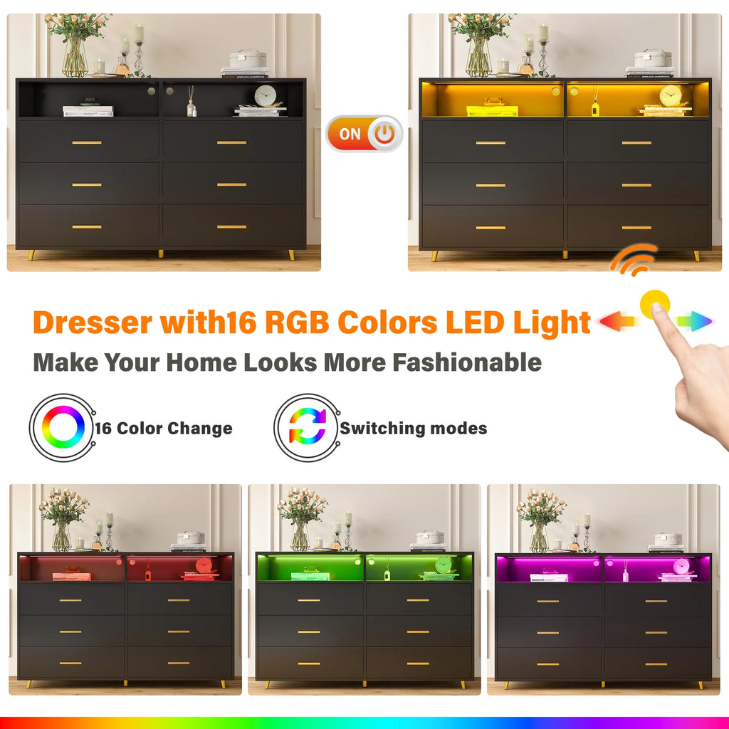 EnHomee Dresser with LED Lights Drawer Dresser with 6 Deep Drawers Wood Dresser for Bedroom TV Stand Dressers & Chests of Drawers Wide Led Dressers,Black