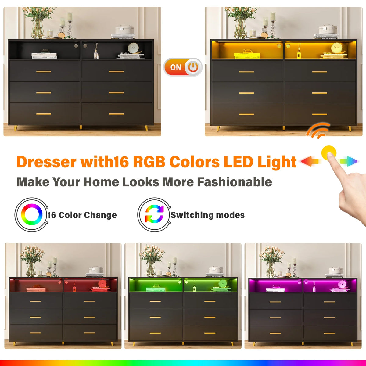 EnHomee Dresser with LED Lights Drawer Dresser with 6 Deep Drawers Wood Dresser for Bedroom TV Stand Dressers & Chests of Drawers Wide Led Dressers,Black