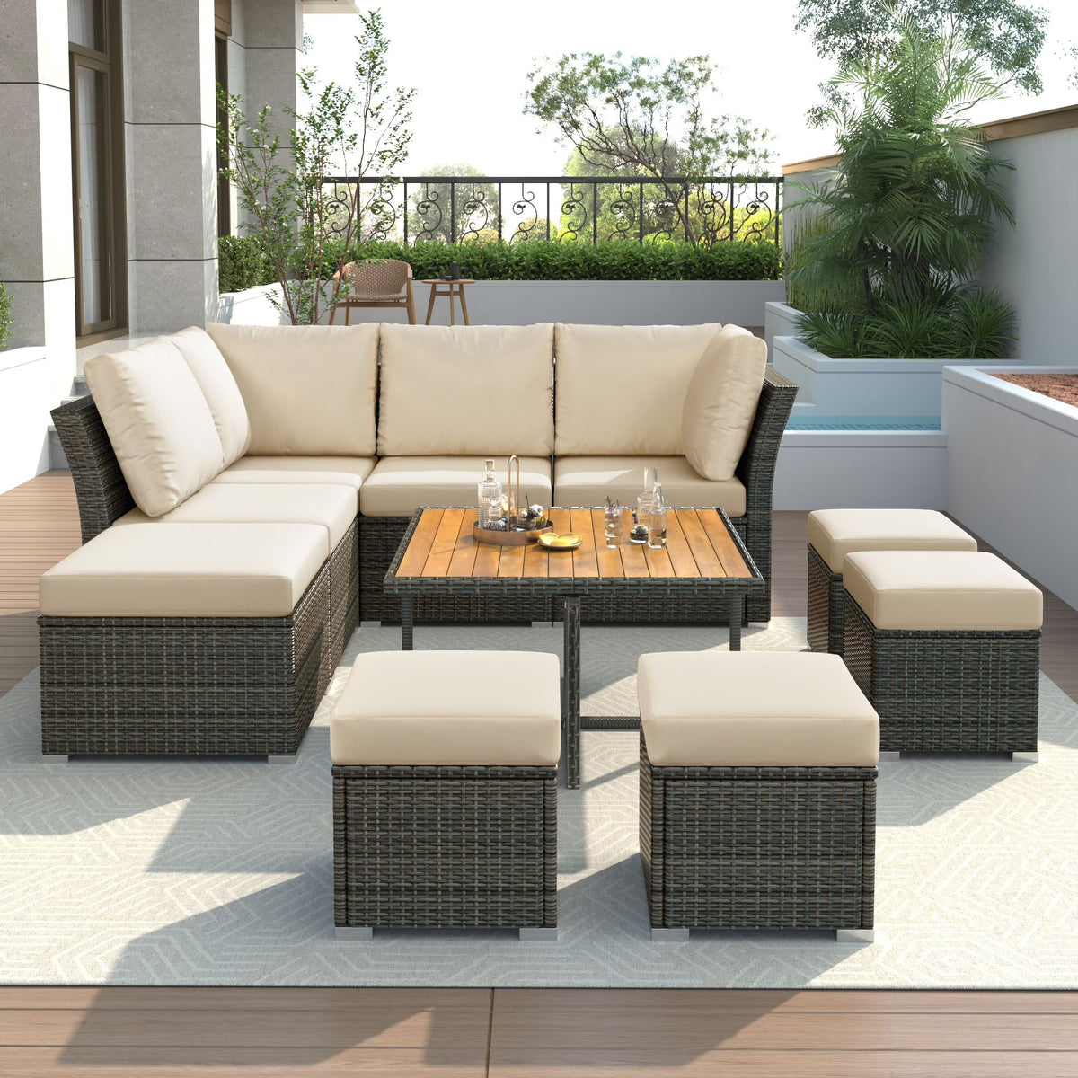 9 Pieces Outdoor Patio Furniture Set Outdoor Sectional Rattan Sofa Set Manual Wicker Patio Conversation Set with Ottomans, Solid Wood Coffee Table for Yard Deck Porch(Grey)