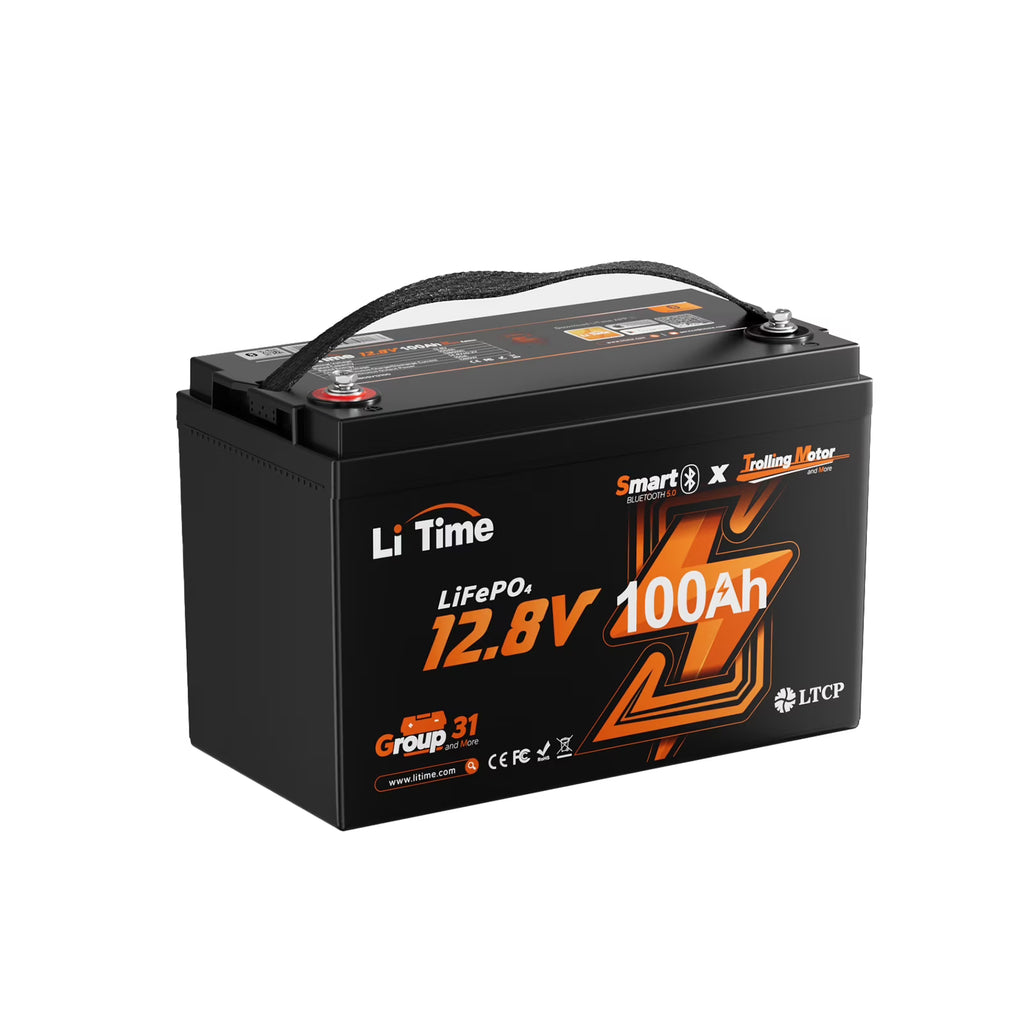 LiTime 12V 100Ah TM Bluetooth Lithium LiFePO4 Battery Low Temp Protection 1280W for Trolling Motor
