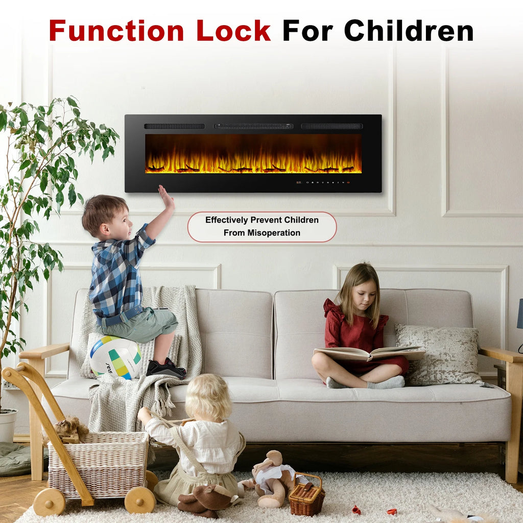 60" Electric Fireplace, Ultra-thin Recessed and Wall Mounted Fireplace, Linear Fireplace with Timer Remote Control Adjustable Flame Color 750w/1500w Black