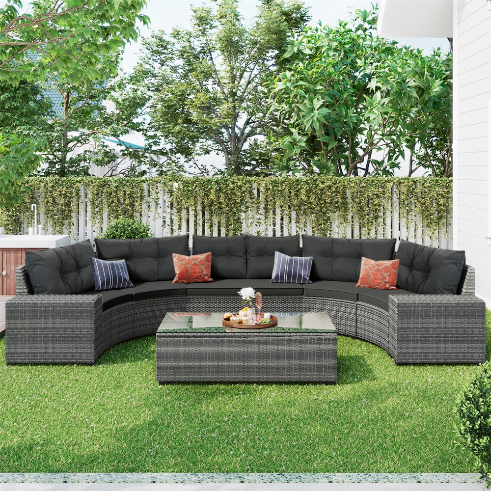 8 Pieces Outdoor Wicker Round Furniture Set, All Weather Half-Moon Sectional Patio Sofa Sets with Rectangular Coffee Table, Beige