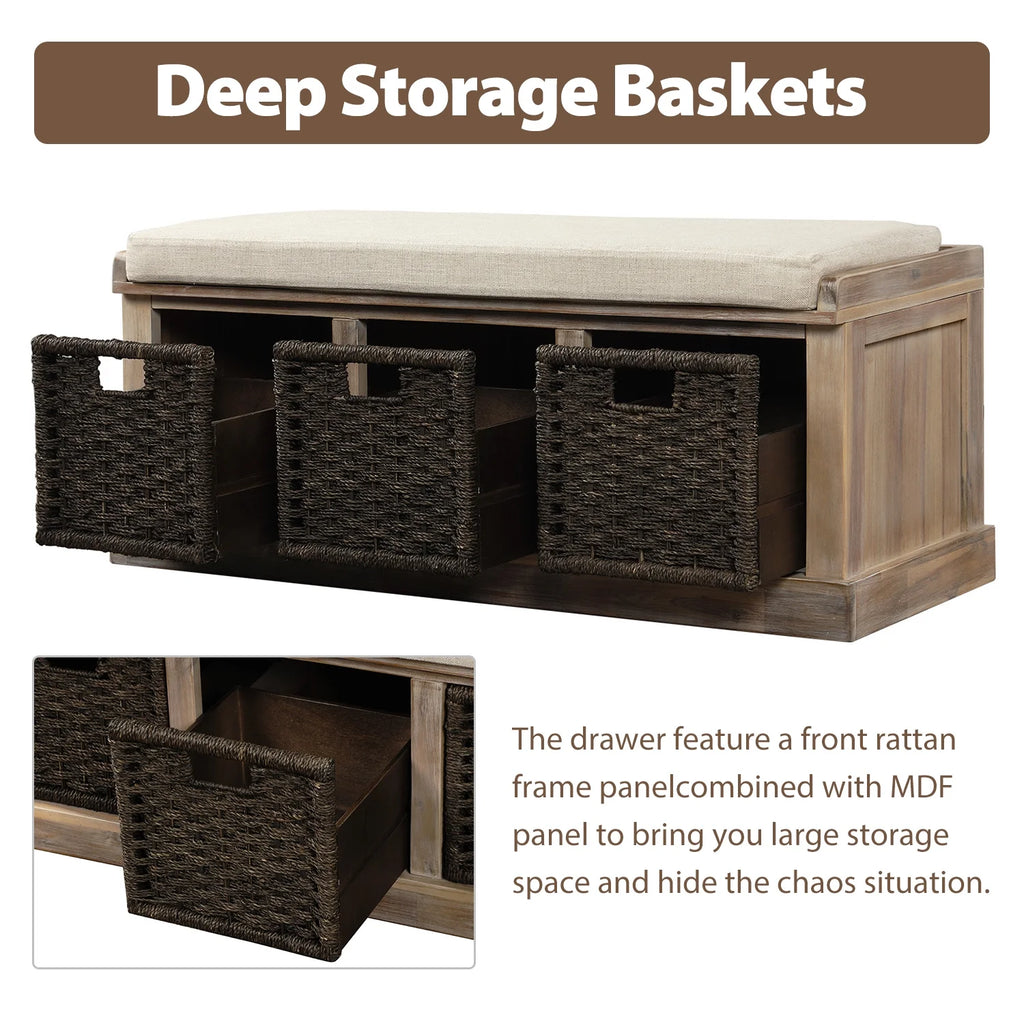 Entryway Storage Bench with 3 Woven Baskets and Removable Cushion, Entry Hallway Foyer Shoe Bench End of Bed Bench, Fully Assembled, 41.3" L x 15.7" W x 17" H (White&nbsp;Washed)