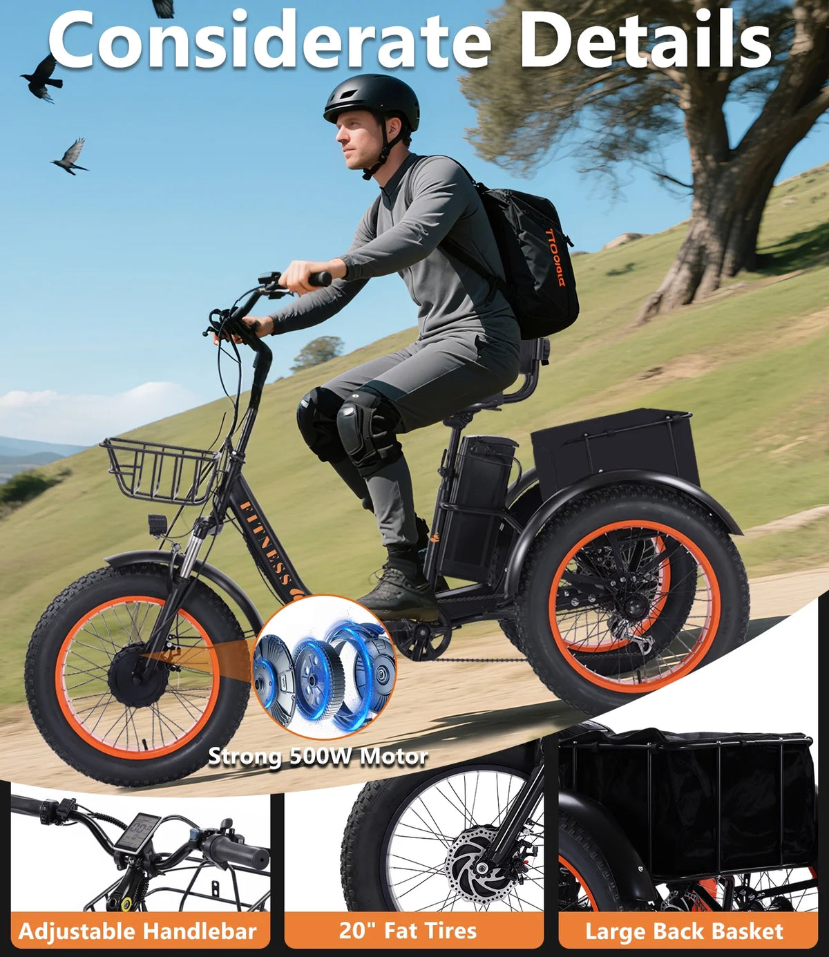 YEBEI Electric Tricycle for Adults Folding E-Trike Motorized Tricycle Electric 3 Wheels Trike Powerful 500W Motor Electric Tricycle 48V15AH Lithium Battery Max 20MPH 20*4.0 Fat Tire Orange