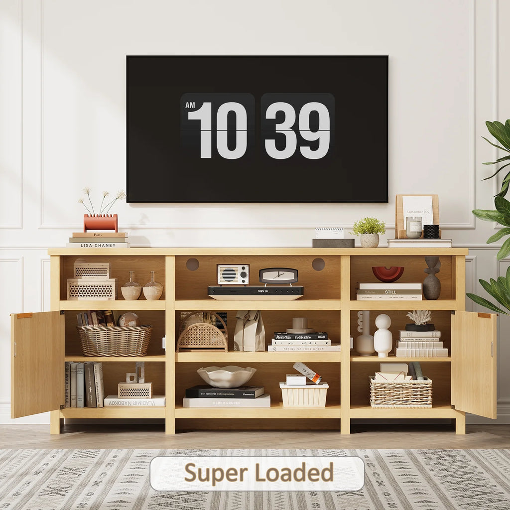 Planntonneo Mid-Century Modern Fluted TV Stand Wooden Media Console Entertainment Center for Living Room, Walnut Color
