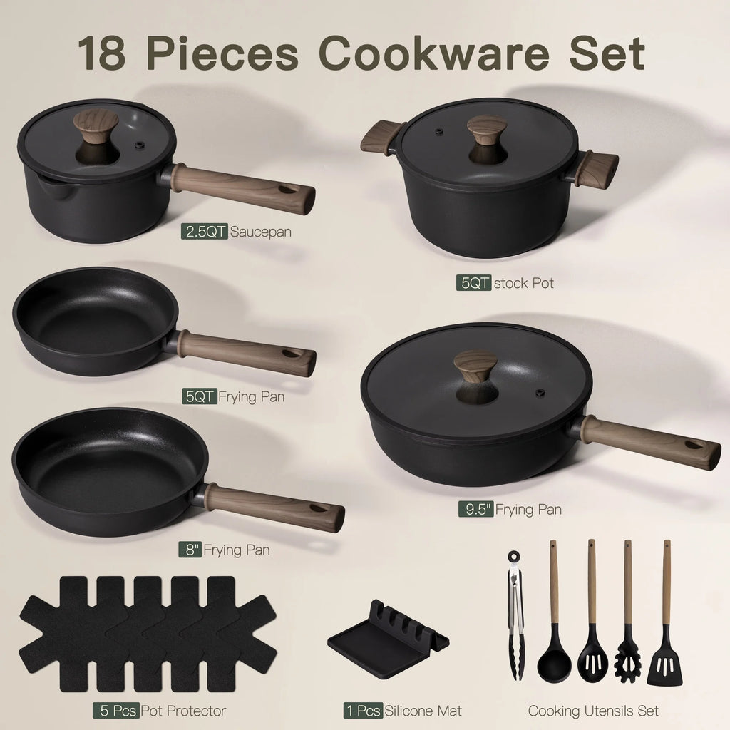 Astercook 18-Piece Pots and Pans Set, Nonstick Cookware Set with Elegant Wooden Handle, Oven Safe to 480F, Induction Compatible, Kitchen Cooking Set for RV Trips, Camping and Picnic, Black