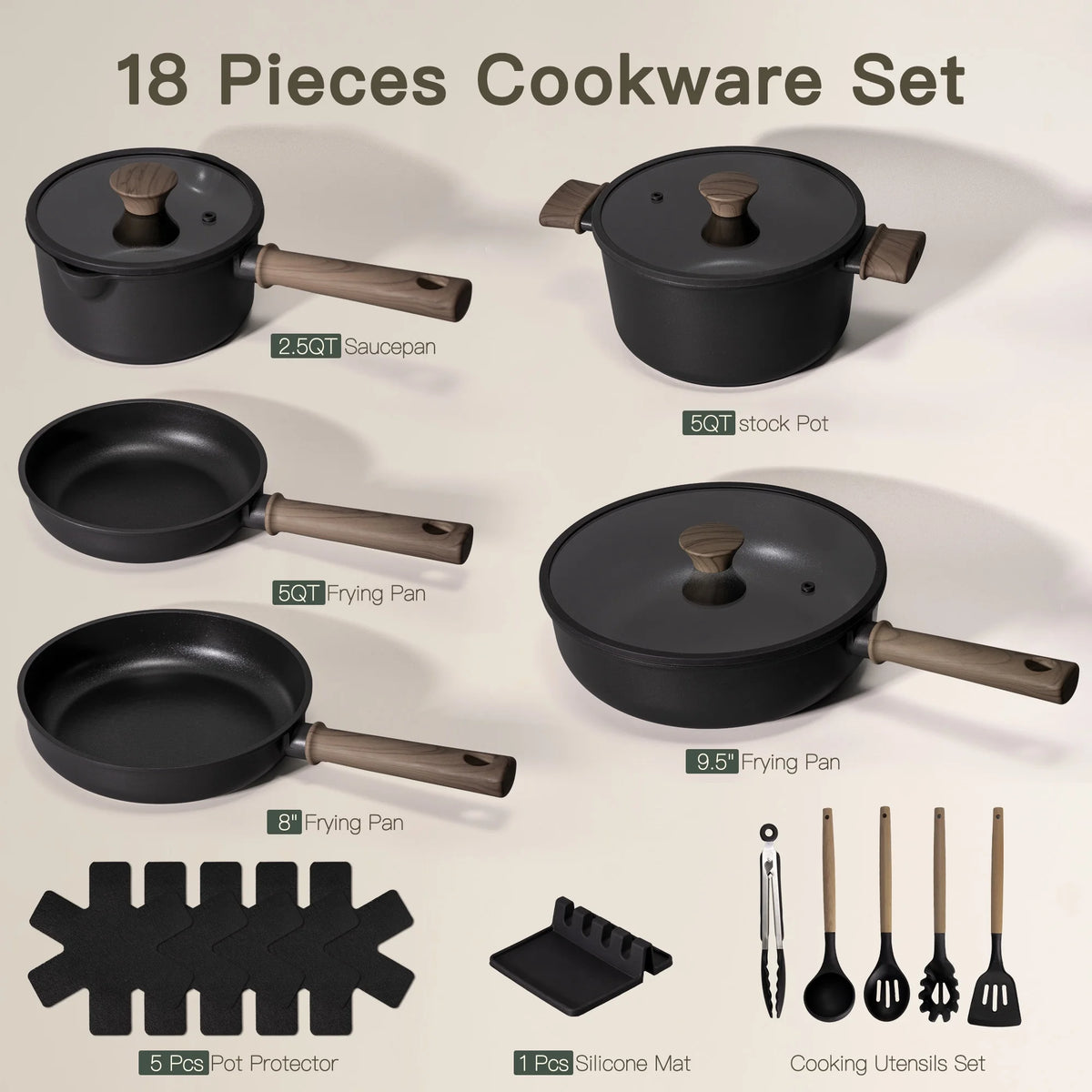 Astercook 18-Piece Pots and Pans Set, Nonstick Cookware Set with Elegant Wooden Handle, Oven Safe to 480F, Induction Compatible, Kitchen Cooking Set for RV Trips, Camping and Picnic, Black