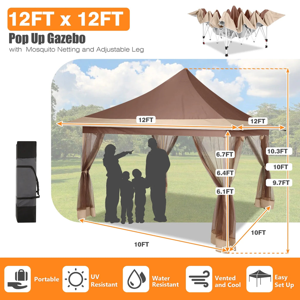 HOTEEL 11x11 Outdoor Waterproof Gazebo, Pop up Canopy Gazebo with Mosquito Netting & UV Protection for Parties, Camping, Weddings, and Backyard Events, Gray