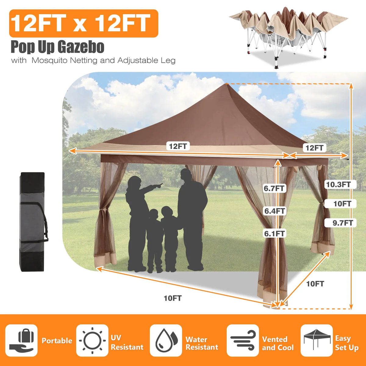 HOTEEL 11x11 Outdoor Waterproof Gazebo, Pop up Canopy Gazebo with Mosquito Netting & UV Protection for Parties, Camping, Weddings, and Backyard Events, Gray