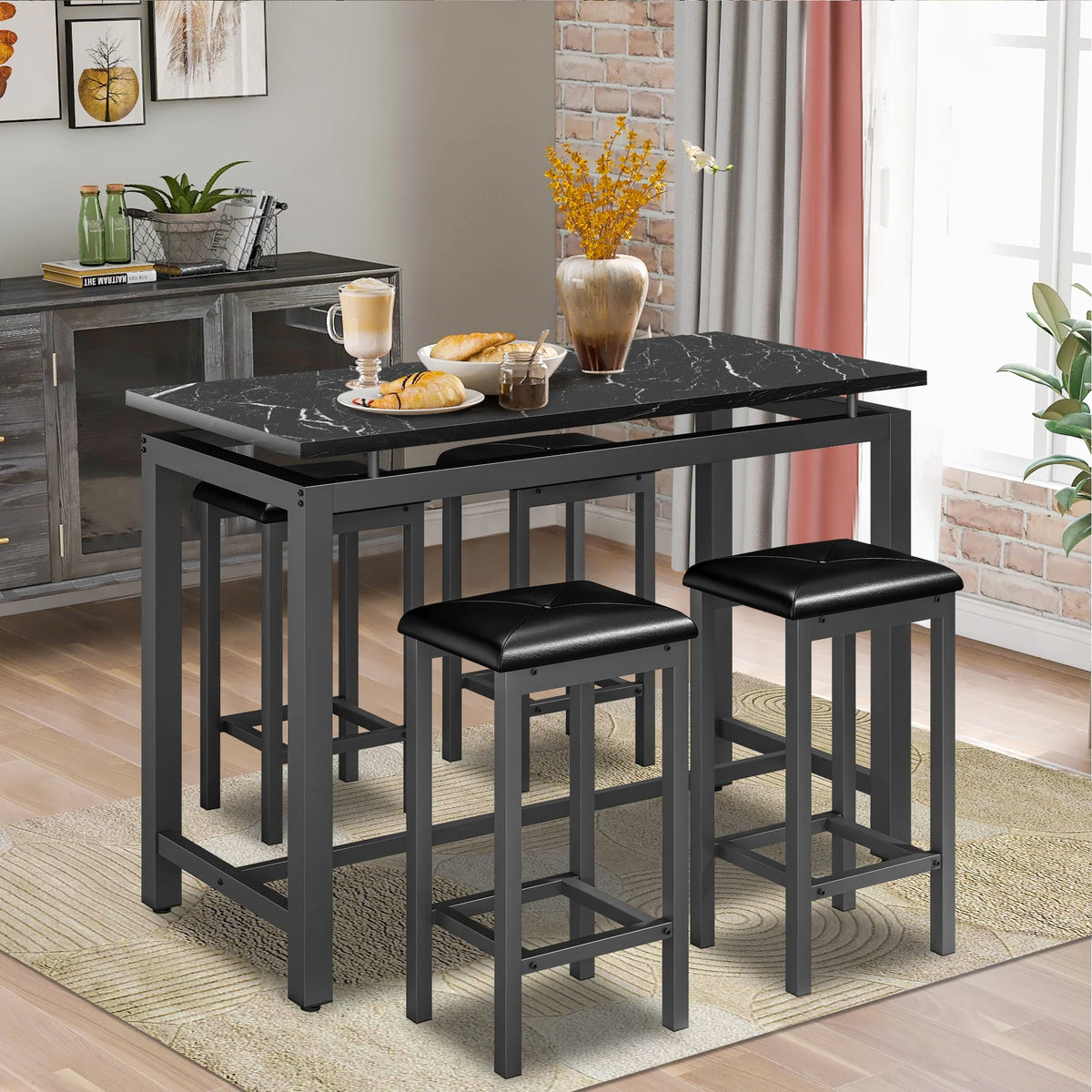 5 Piece Dining Set, Modern Dining Table and Chairs Set for 4, Counter Height Bar Table Set, Modern Pub Table with 4 Velvet Fabric Cushioned Stools, Faux Marble Dining Table & Stools Set, D9297