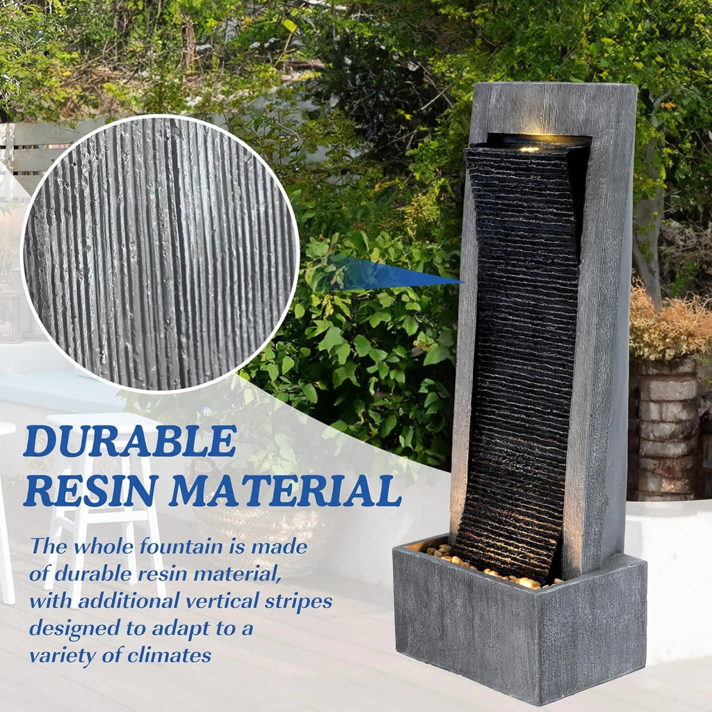 MAGIC UNION Water Fountain Outdoor Garden - Indoor Modern Water Fountain Freestanding Fountains, 49.6" H Contemporary Curves Garden Fountain with LED Lights, Pump and Natural Stones for Garden, Patio