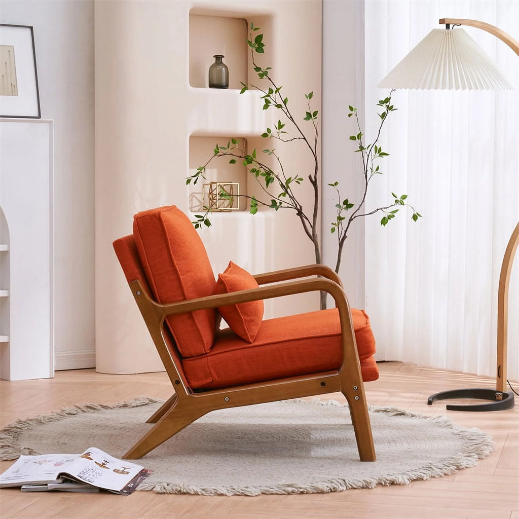 Modern Accent Chair, Upholstered Armchair with Wood Frame, Bronzing Cloth Single Sofa Chair with Lumbar Pillow for Living Room Bedroom Apartment, Orange