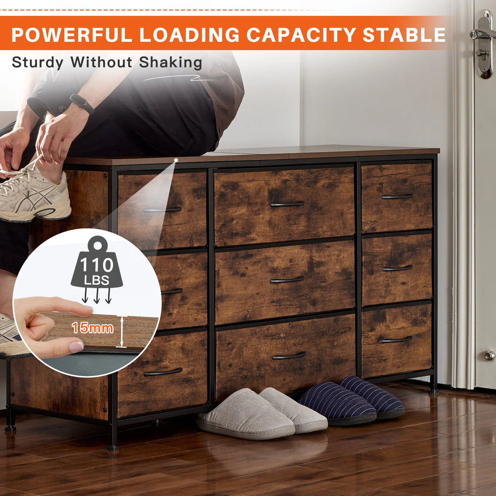 Wide Dresser TV Stand with 9 Drawers Dresser for Bedroom Chests of Drawers for Living Room, Black