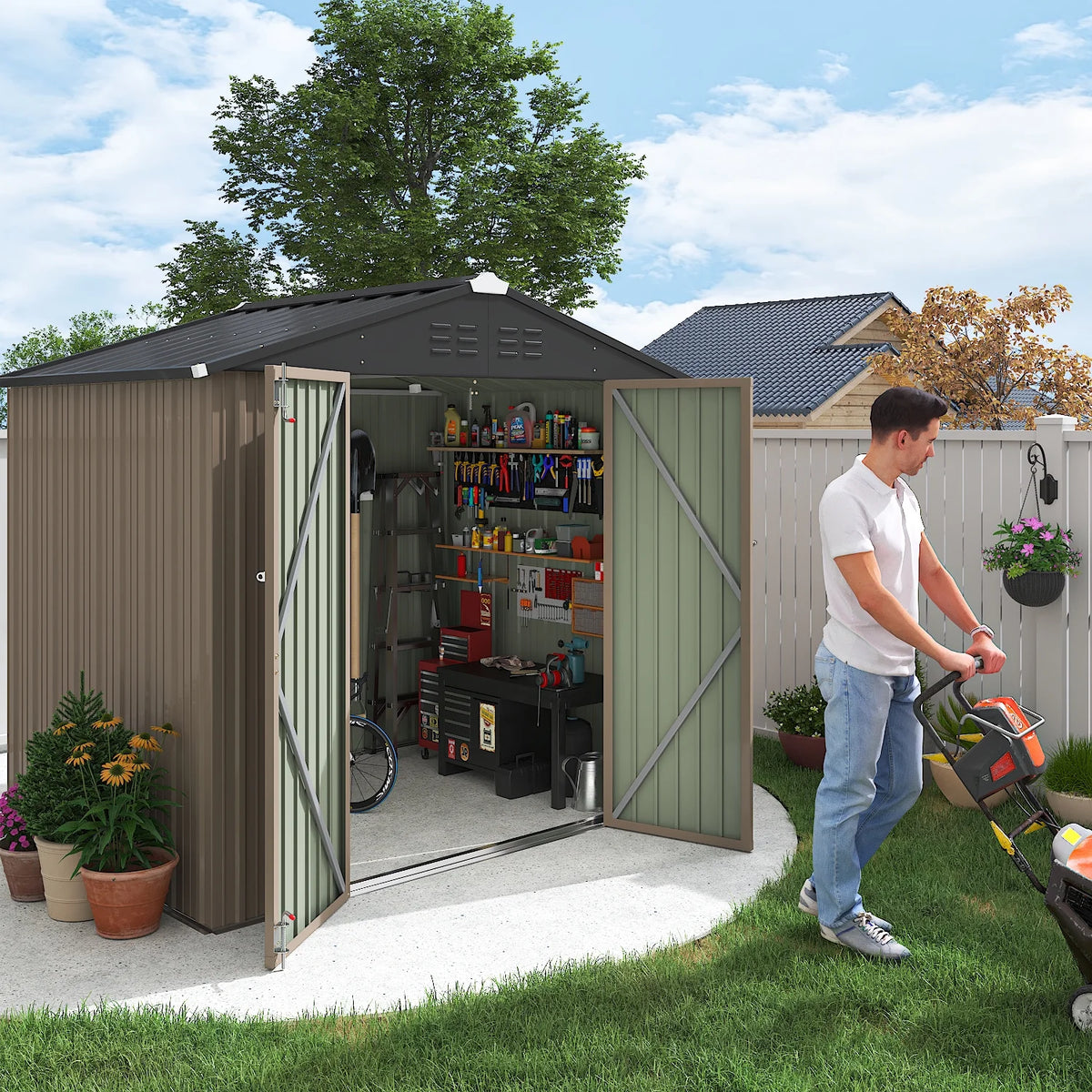 LACOO 4' x 6' Outdoor Storage Metal Shed for Tool Storage, Outdoor House for Backyard & Garden,Brown