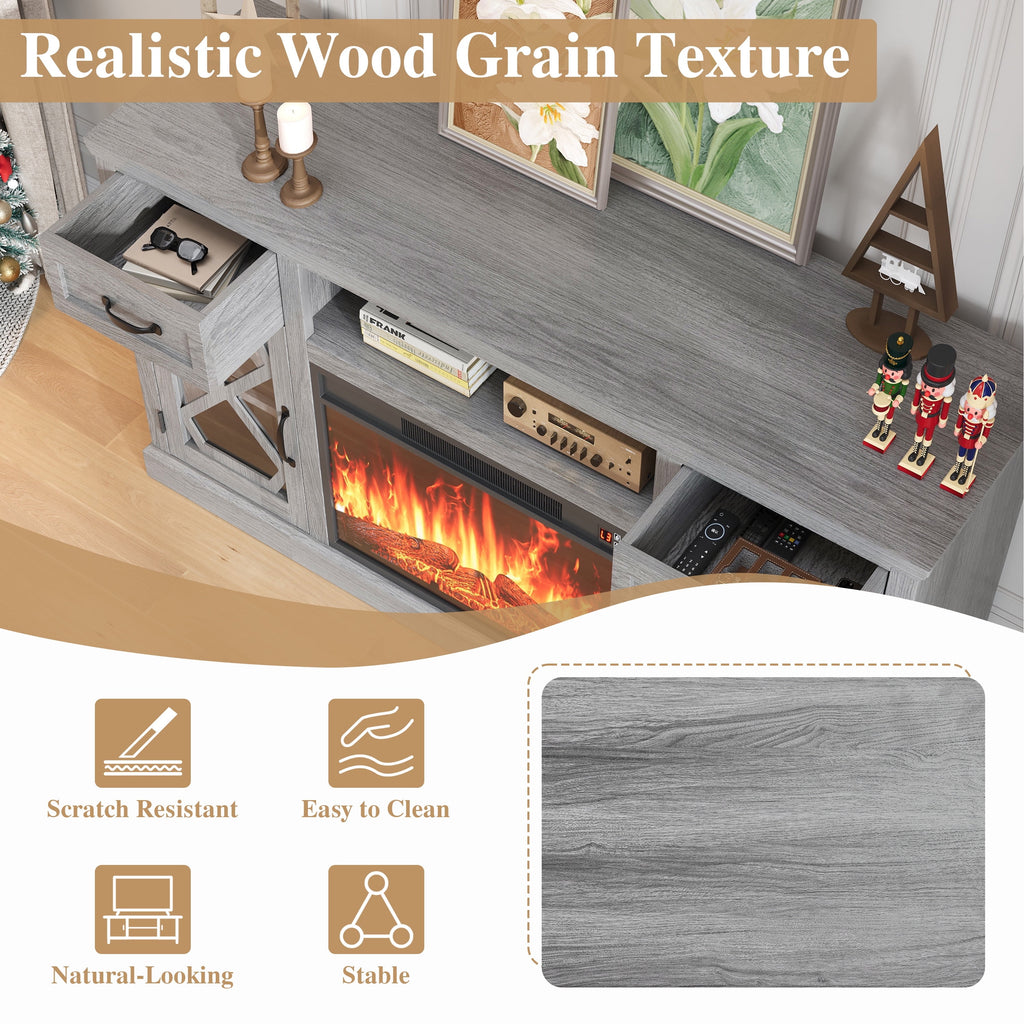 PAPROOS Fireplace TV Stand for 65 Inch TV, Modern Farmhouse TV Cabinet with 23'' Electric Fireplace, Entertainment Center Television Console Table for Living Room, Black+Brown