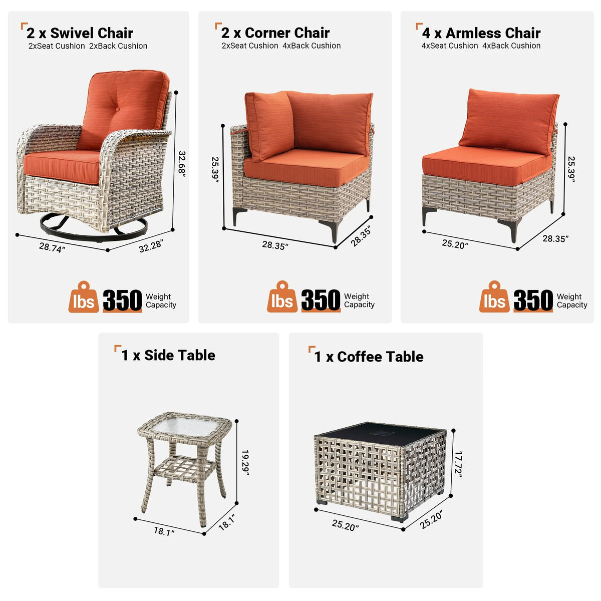 Vcatnet Outdoor Patio Furniture Sets 10 Pieces Sectional Sofa Wicker Conversation Set with Swivel Glider Chairs and Solar Powered Coffee Table for Porch,Backyard,Gray
