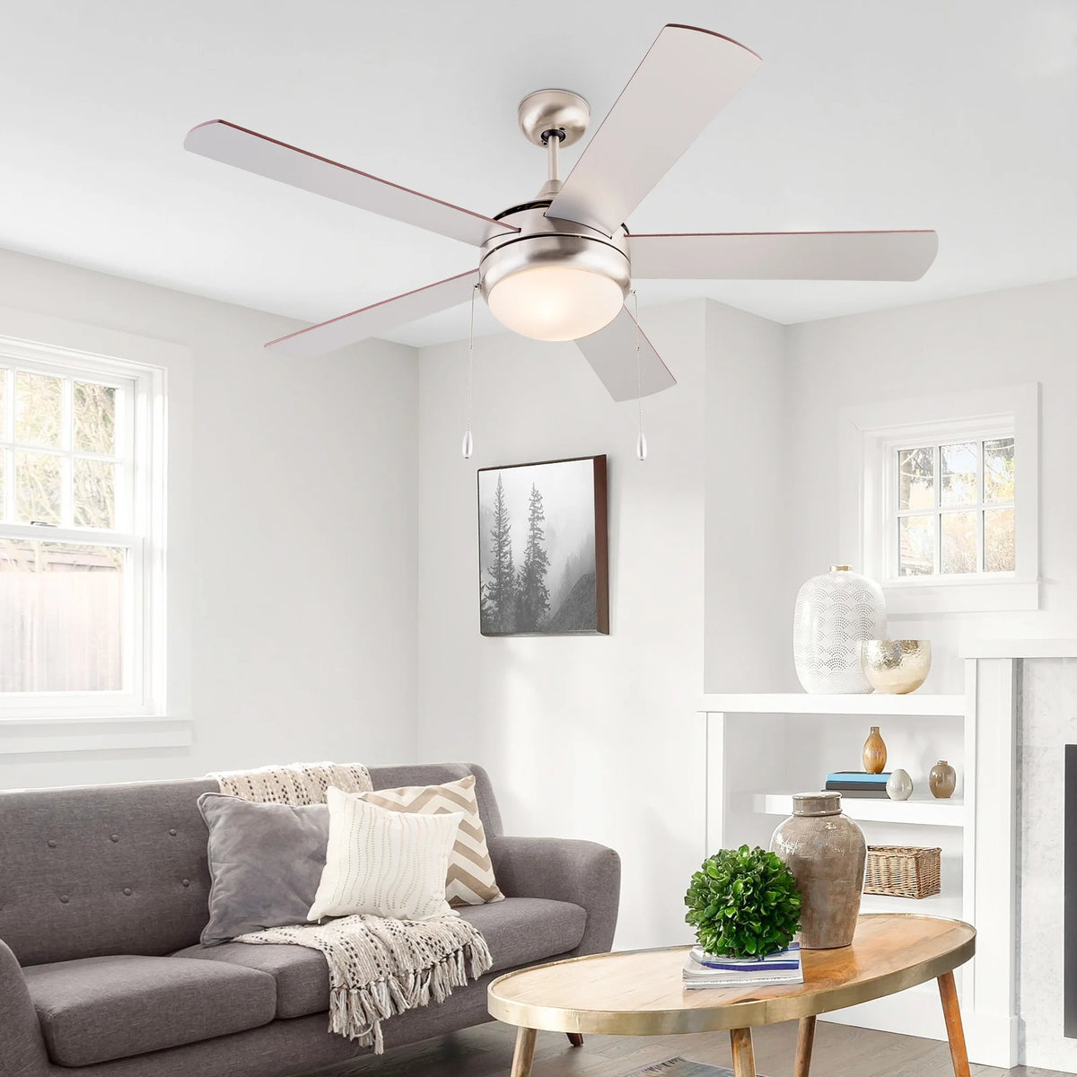 Simpol 52" Prominent Indoor Ceiling Fan with LED Light, Pull Chain and Remote Control, Reversible AC Motor, Walnut/Silver Reversible Blades and Satin Nickel Finish