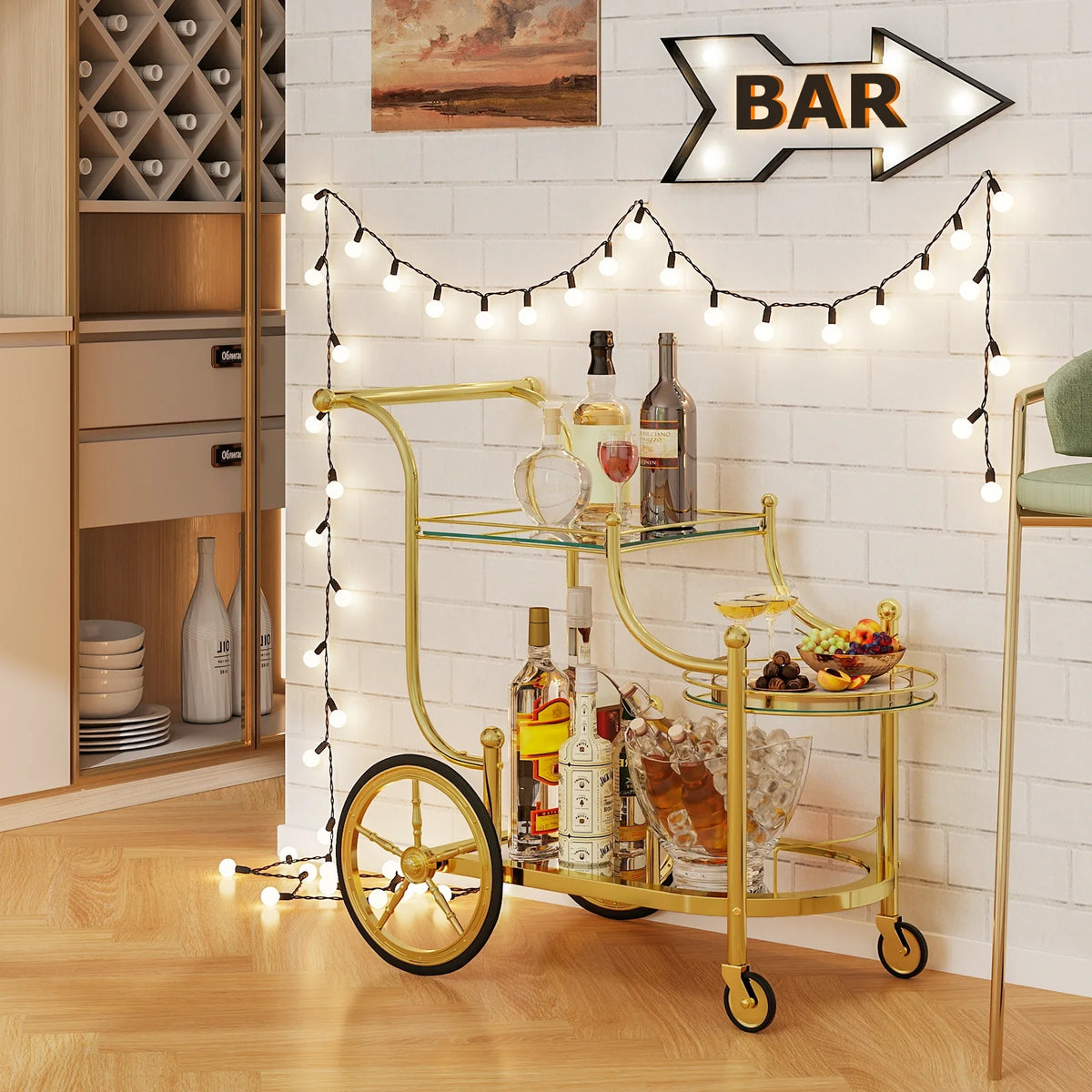 Gymax 3-Tier Home Bar Serving Cart on Wheels w/ Mirrored Shelves for Kitchen