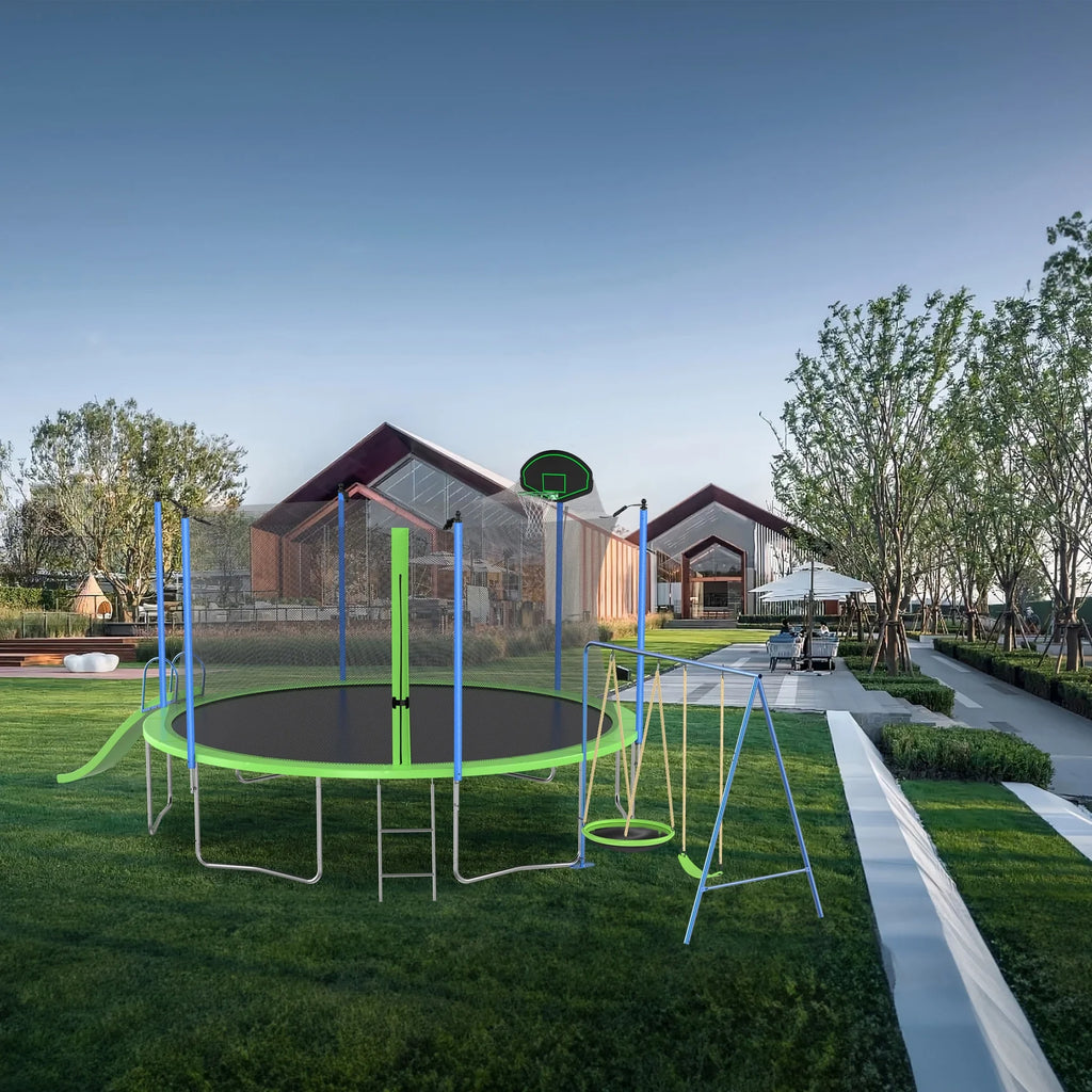 12FT Trampoline with Slide and Swings, Large Outdoor Backyard Trampoline with Basketball Hoop and Ladder for Kids and Adults