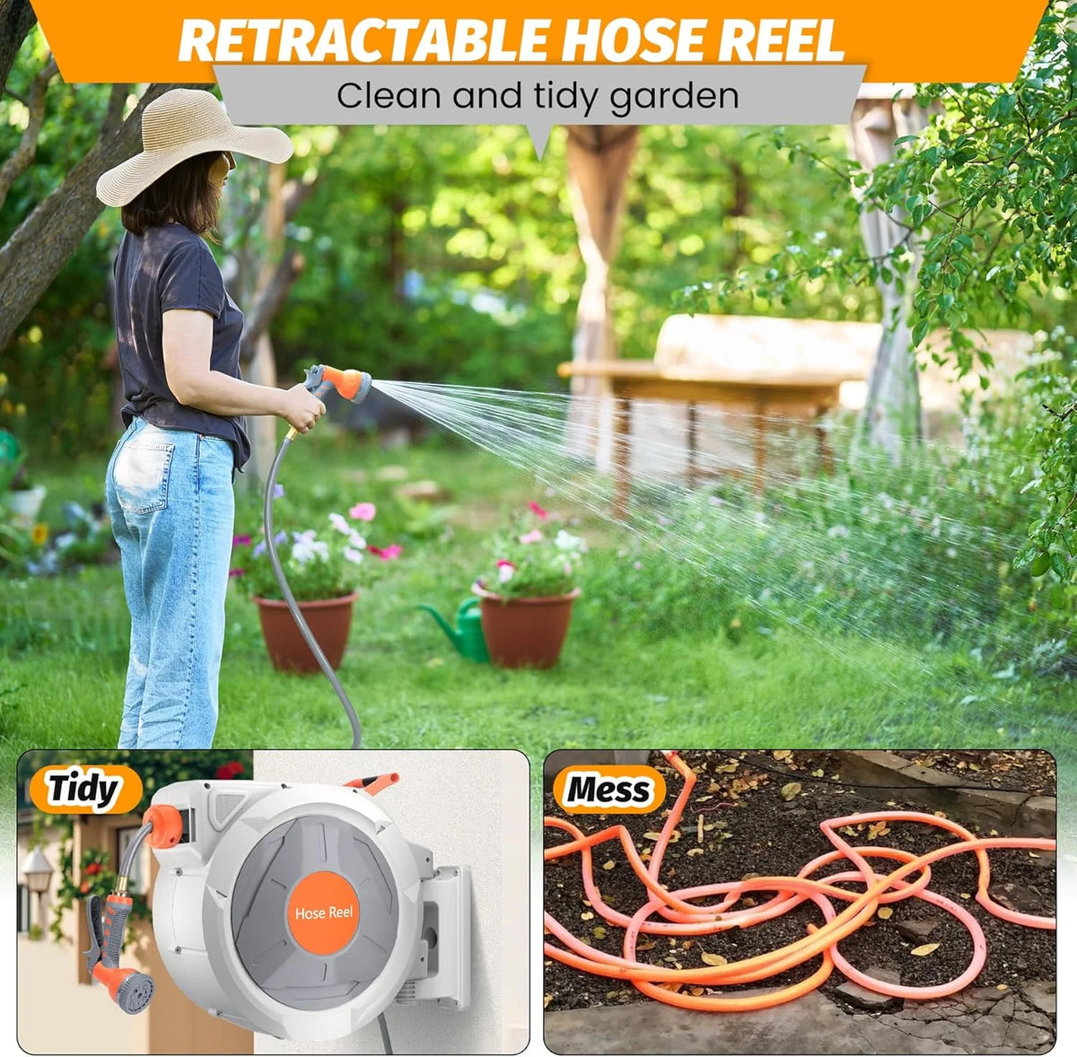 Auto-Retract Wall-Mounted Garden Hose Reel w/9-Pattern Nozzle, 180 Swivel & Any-Length Lock, 600PSI Durable