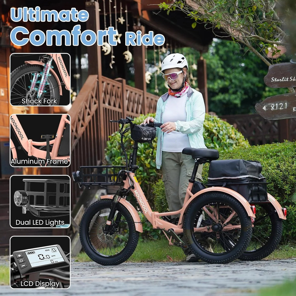 MOONCOOL TK1 Folding Electric Tricycle for Adults,48V 14.5Ah Removable battery, 500W Peak 1000w Motor, 20" Fat Tire Step-Thru 3Wheel Electric Bicycle w/Front&Rear Baskets, Certified to UL 2849 by SGS