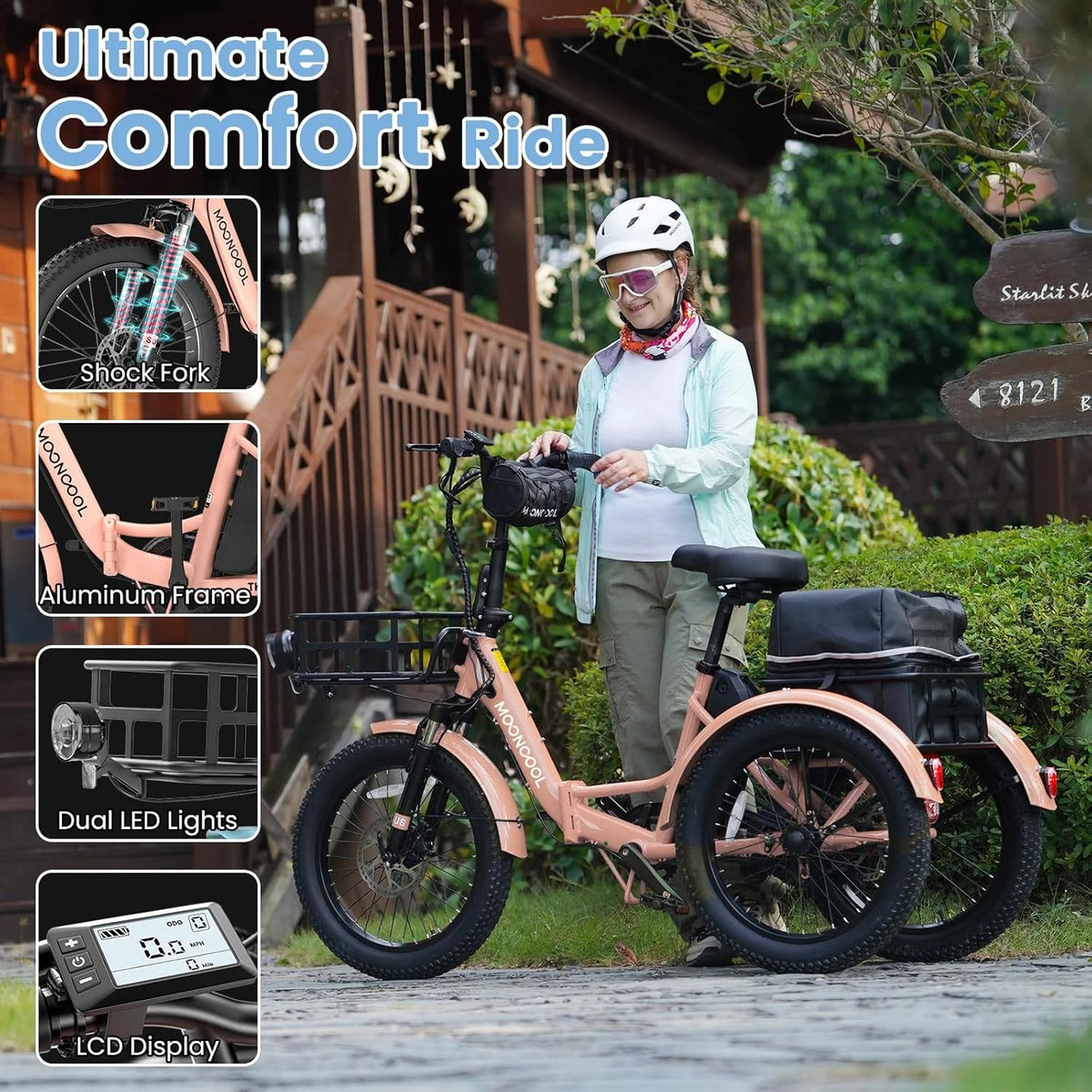 MOONCOOL TK1 Folding Electric Tricycle for Adults,48V 14.5Ah Removable battery, 500W Peak 1000w Motor, 20" Fat Tire Step-Thru 3Wheel Electric Bicycle w/Front&Rear Baskets, Certified to UL 2849 by SGS
