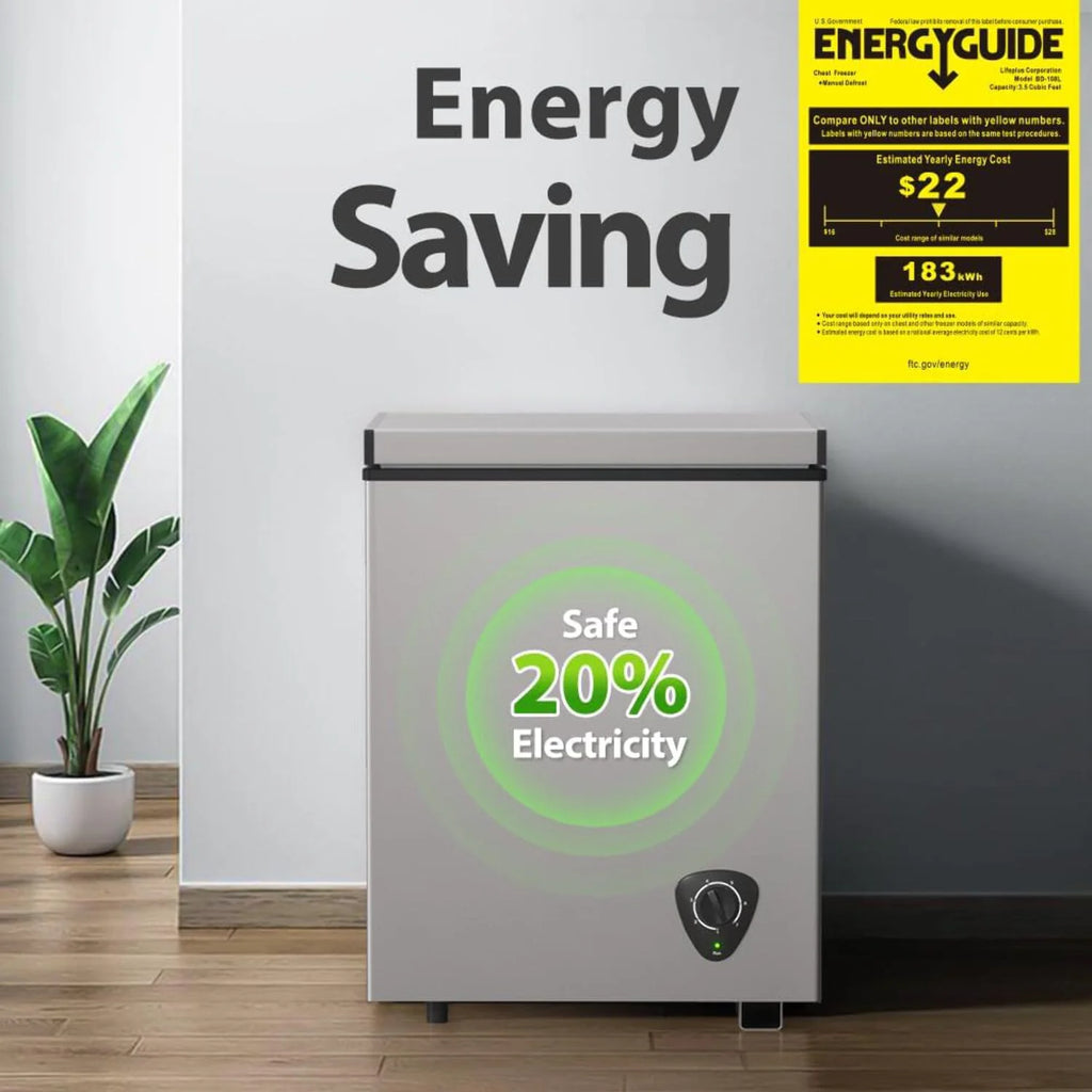 Ecotronic 3.8 Cu Ft Compact Chest Freezer, Grey, Low Noise, Energy Saving, 7-Gear Temperature Control