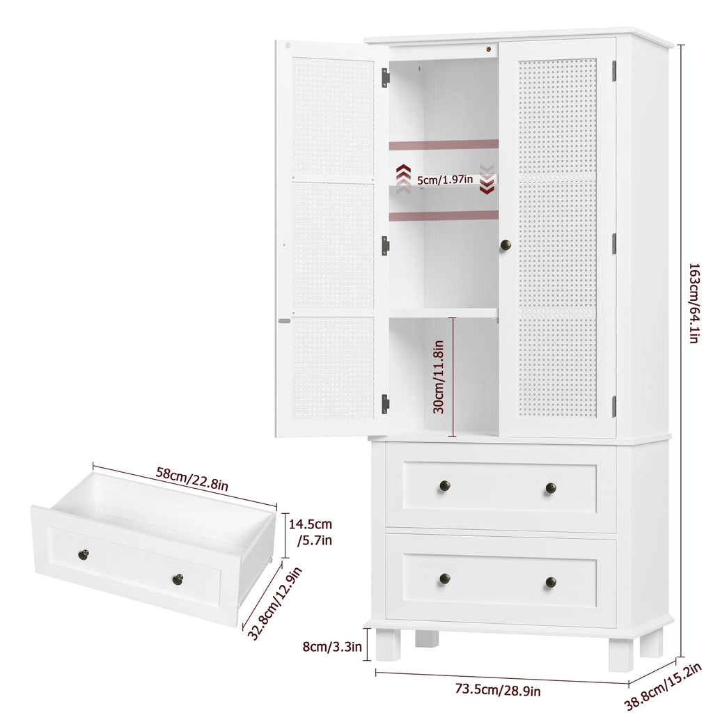Homfa Bathroom Cabinet with Rattan Doors, Rattan Linen Storage Cabinet with 2 Drawers, Oak