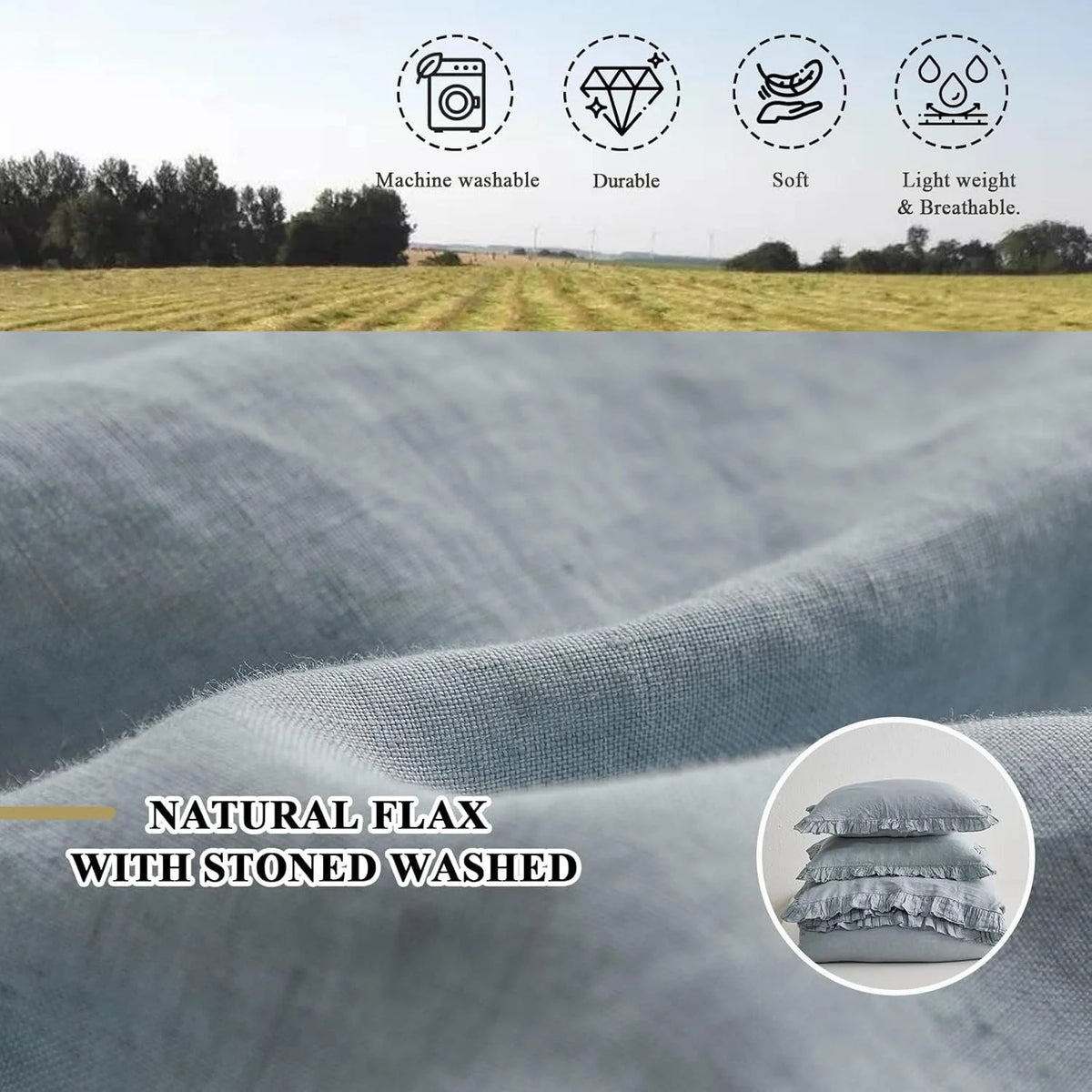 Simple&Opulence 100% Washed Linen Duvet Cover Set-3 Pieces Shabby Chic Premium Ruffled Bedding with 1 Comforter Cover and 2 Pillowshams France Flax High End Frill Sets Vintage Style(King, White)