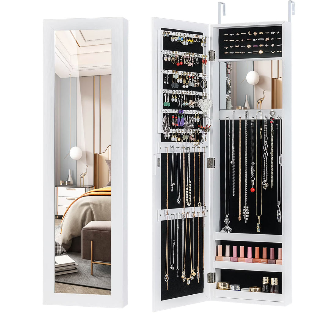 Costway Wall Door Mounted Mirrored Jewelry Cabinet Storage Organizer-Black