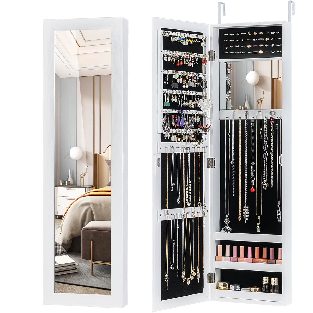Costway Wall Door Mounted Mirrored Jewelry Cabinet Storage Organizer-Black