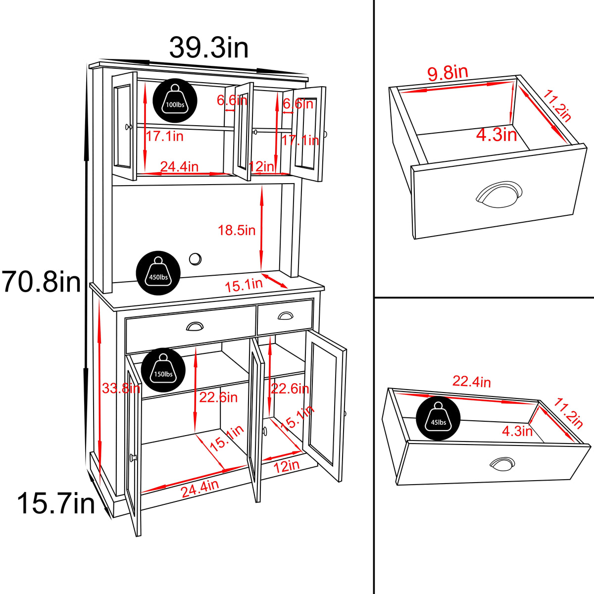 VEIKOUS 71'' Kitchen Pantry Hutch Cabinet, Pantry Storage Hutch w/Microwave Stand and Buffet Cupboard, Gray