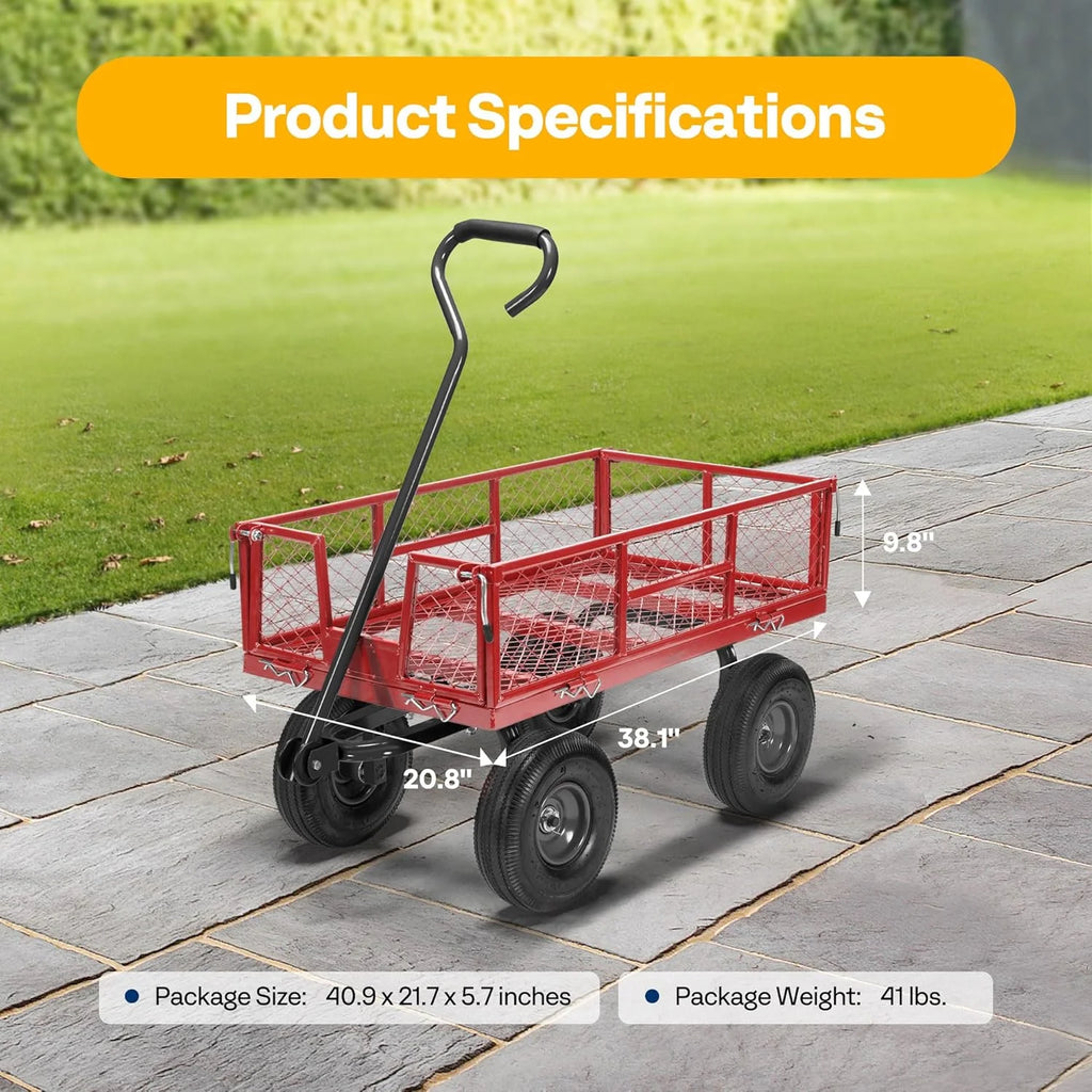 SPECSTAR Mesh Steel Garden Cart 880 lbs Capacity, 38" x 21" Folding Utility Wagon with 10 Inch Wheels