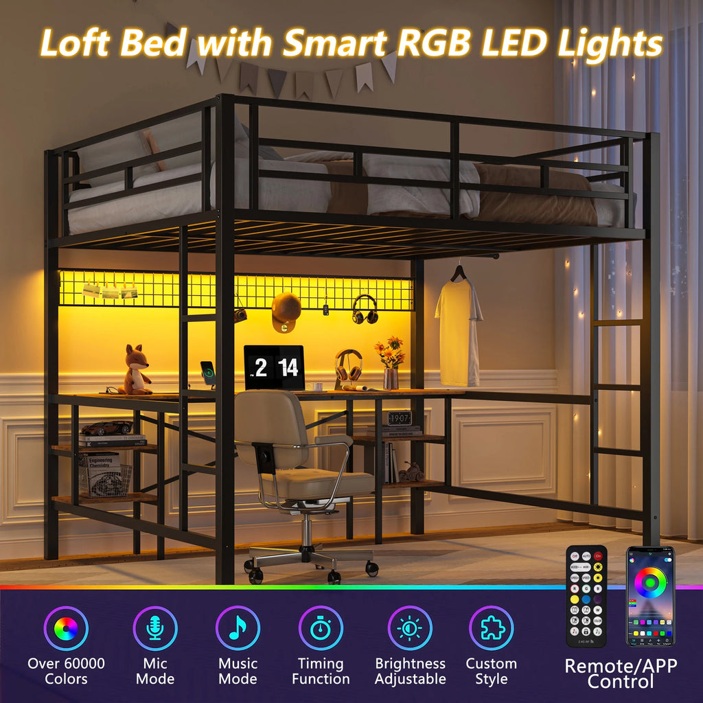 Twin Loft Bed with Desk, UHOMEPRO Metal Loft Bed with LED Lights, Charge Station, DIY Mesh, Clothes Rail, 4 Storage Shelves, Safety Rails and 2 Ladders, Loft Bed for Teen Adult, Black
