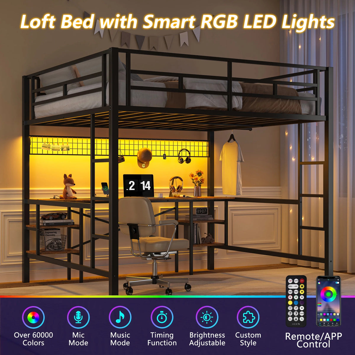 Twin Loft Bed with Desk, UHOMEPRO Metal Loft Bed with LED Lights, Charge Station, DIY Mesh, Clothes Rail, 4 Storage Shelves, Safety Rails and 2 Ladders, Loft Bed for Teen Adult, Black