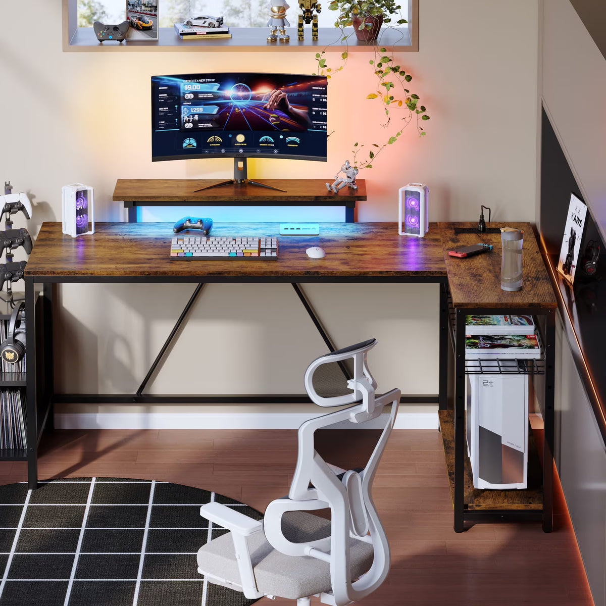 Bestier 52" Gaming Desk with LED Lights L Shaped Desk with Power Outlet & Monitor Stand Corner Computer Desk in Carbon Fiber